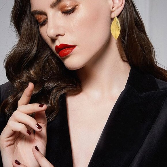 NEW Gold Leaf Statement Hook Earrings 14K Gold Plated Fairy Whimsigoth Boho - Picture 3 of 9